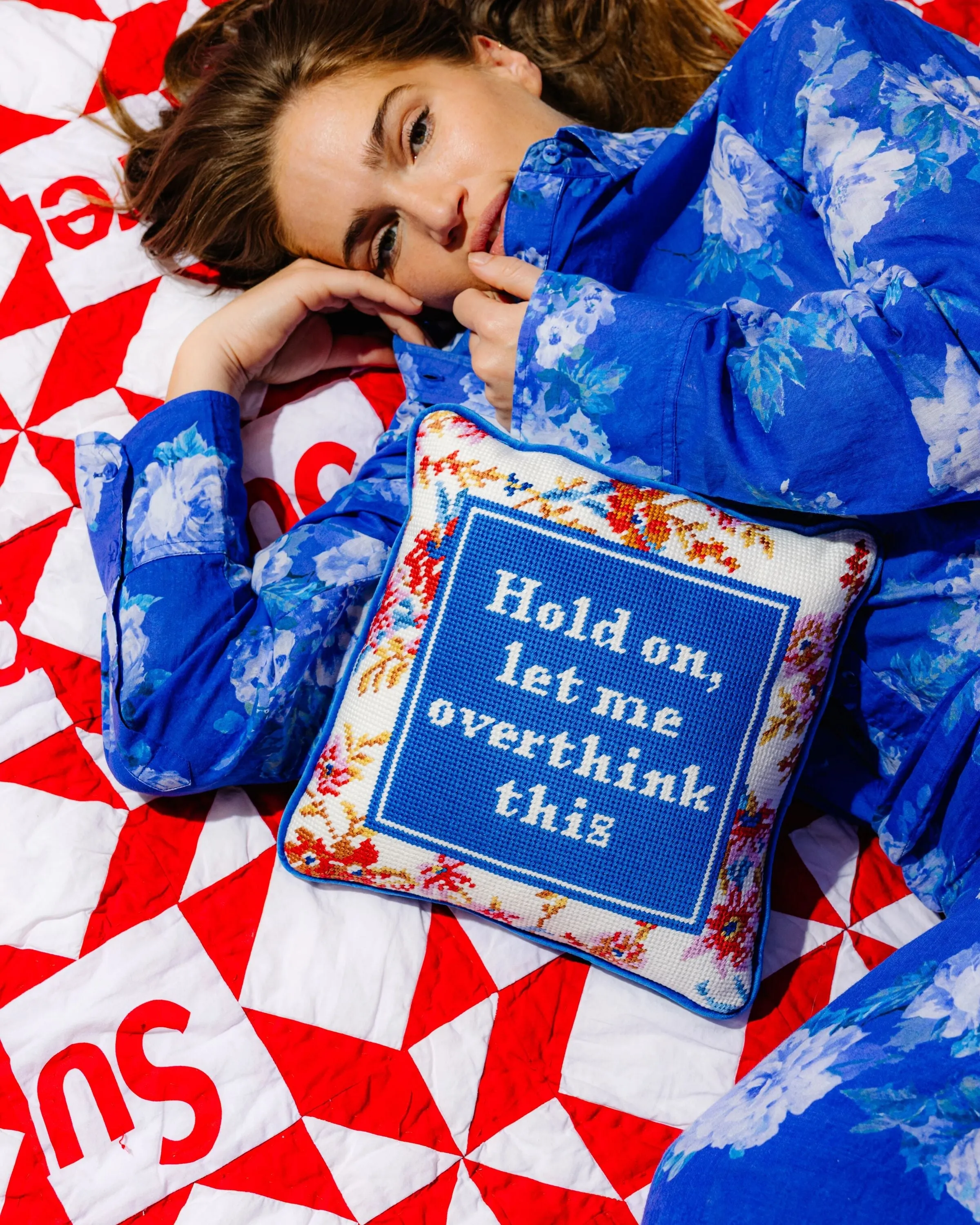 Needlepoint Pillow - Hold On Let Me Overthink This sold by Modcloth