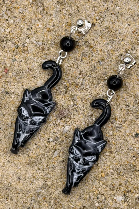 Cat Lover - Black Kitty Dangle Earrings: Handmade, Hand-Painted Polymer Clay made by Modcloth