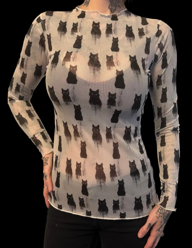 Sheer Mesh Top - Black Cats made by Modcloth