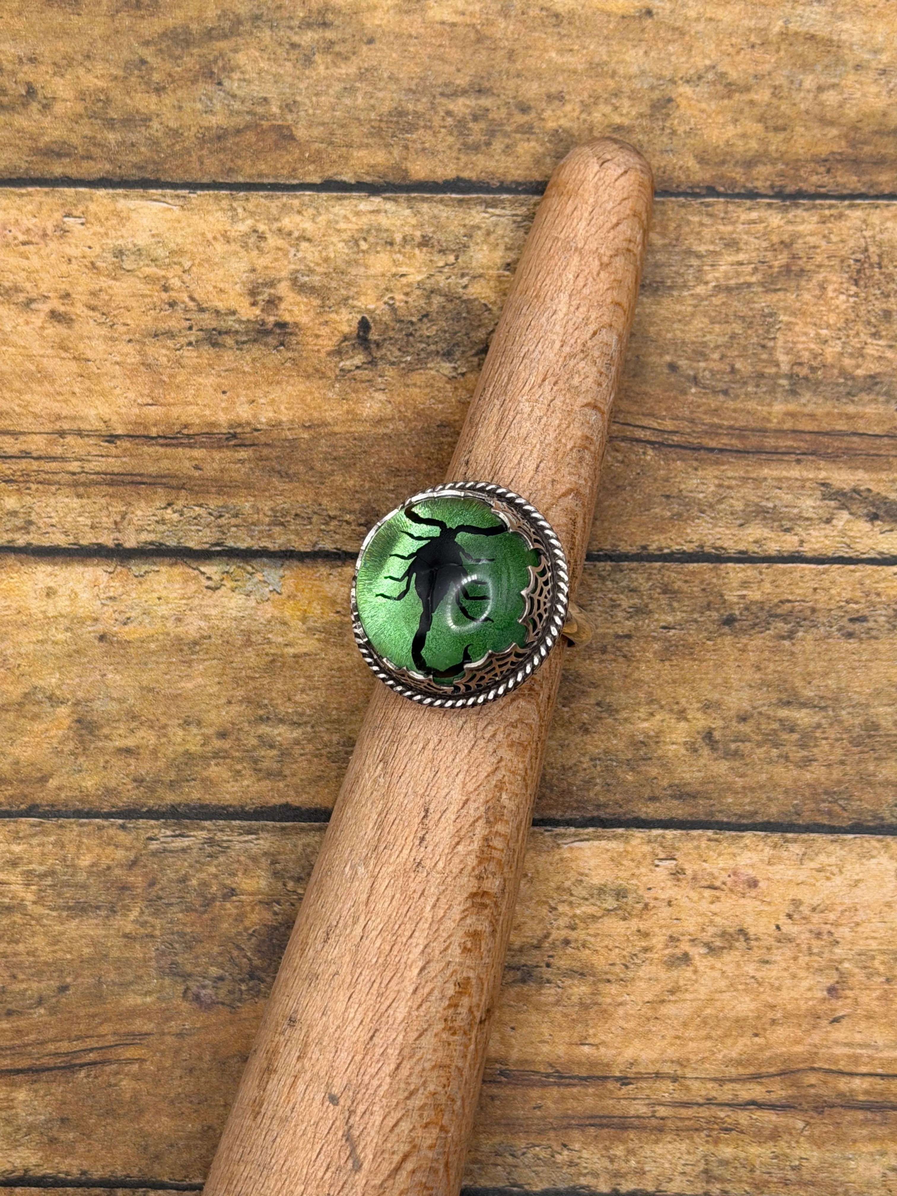 Winter - Spiderweb Black Scorpion Green Shimmer Statement Ring sold by Modcloth product image thumbnail 4