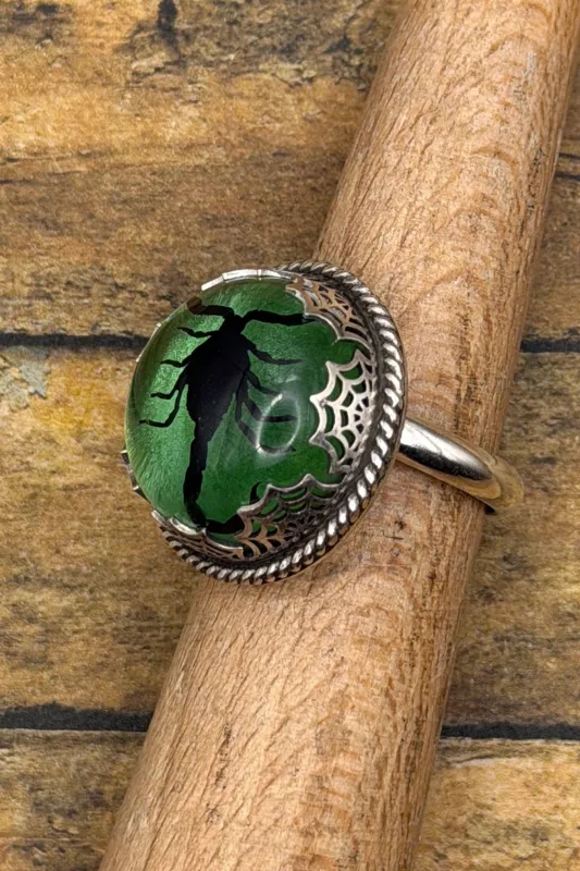 Winter - Spiderweb Black Scorpion Green Shimmer Statement Ring made by Modcloth