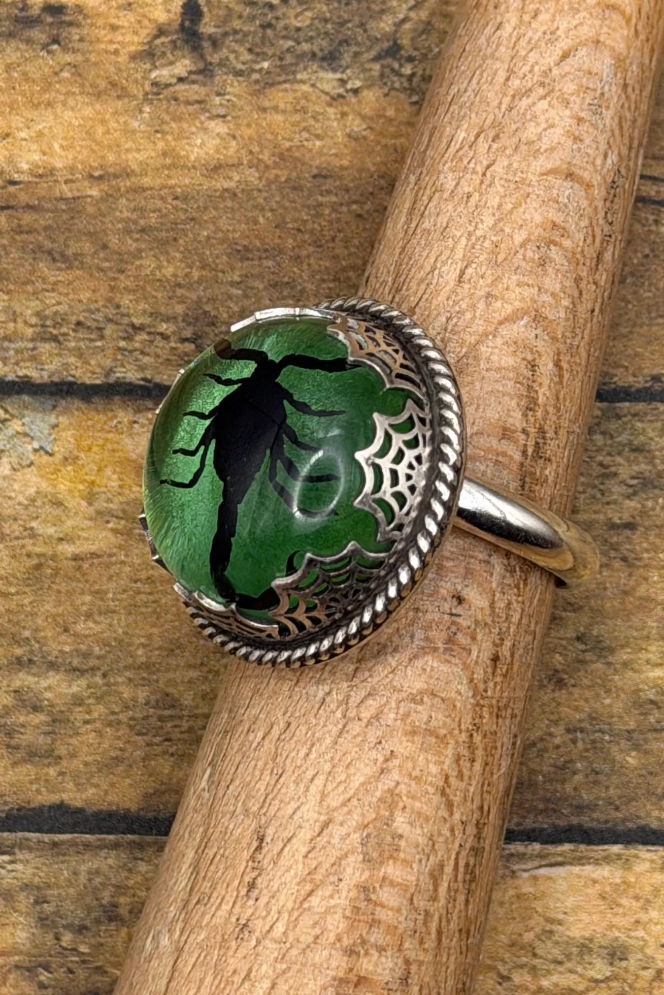 Winter - Spiderweb Black Scorpion Green Shimmer Statement Ring sold by Modcloth