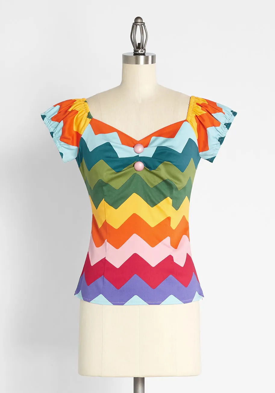 Zagged a Little Rainbow Cap Sleeve Top sold by Modcloth