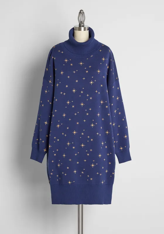 Cozy Under The Starry Night Sky Turtleneck Sweater Dress sold by Modcloth