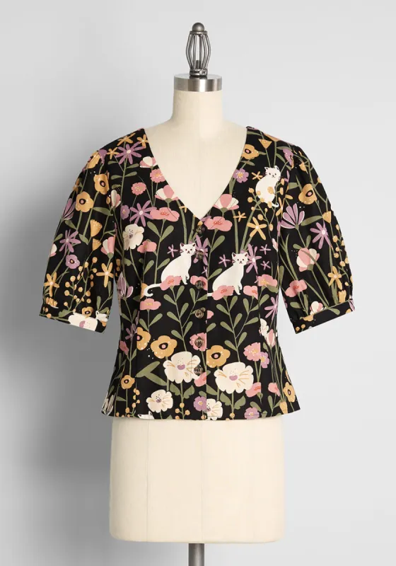 ModCloth x Princess Highway Floral Felines Button-Up Blouse sold by Modcloth
