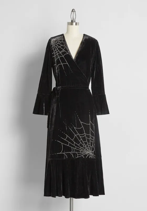 Wrapped In My Web Beaded Velvet Wrap Dress sold by Modcloth