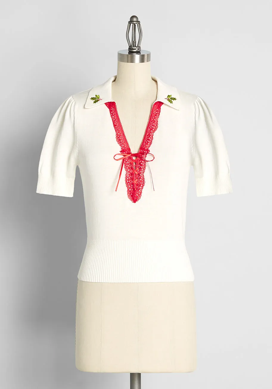 Don't Miss the Mistletoe Lace-Up Top sold by Modcloth