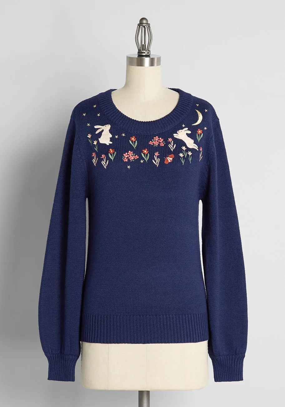 Midnight Bunny Hop Embroidered Sweater sold by Modcloth