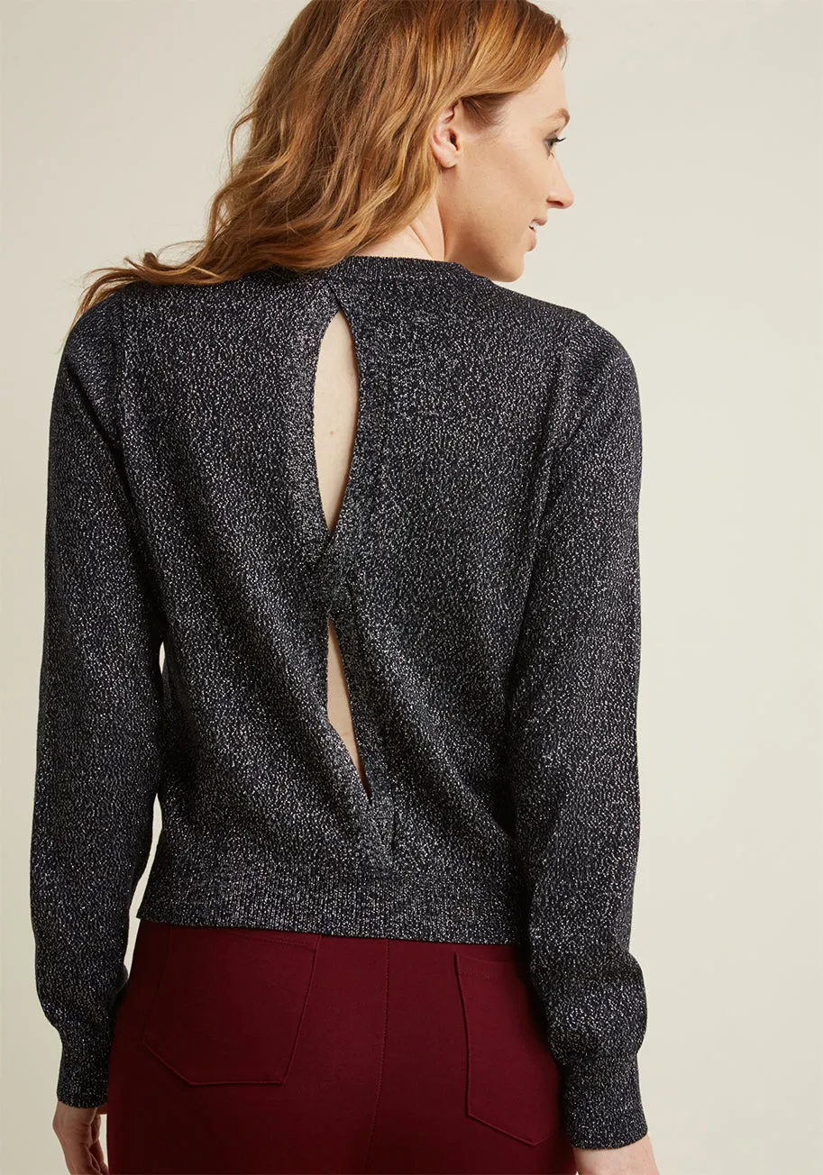 Metallic Sweater with Open Back in Black sold by Modcloth