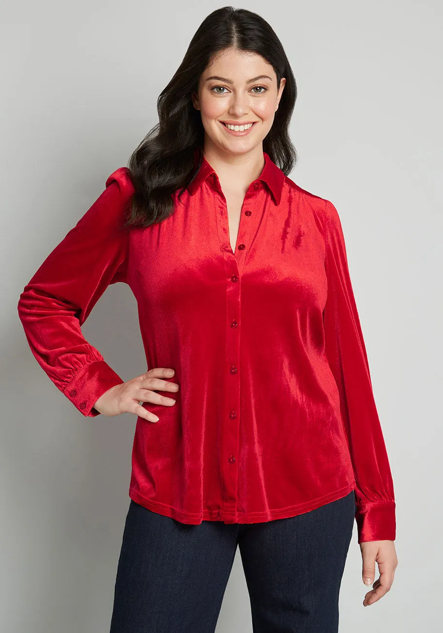 Be Buzzworthy Velvet Button-Up Top sold by Modcloth