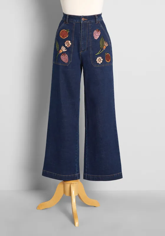 Blossoming With Fruits Embroidered Wide-Leg Jeans sold by Modcloth