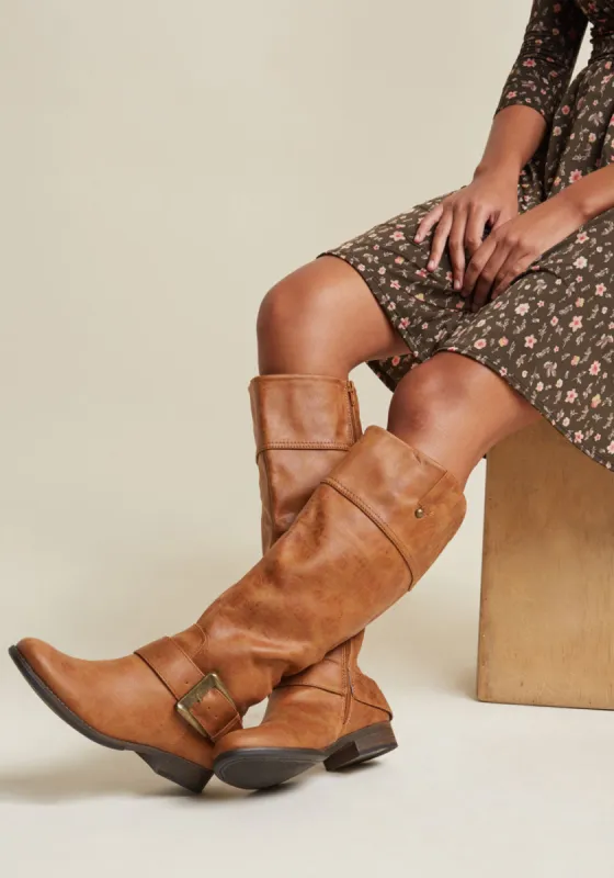 Boldly Buckled Knee High Boot in Cognac sold by Modcloth