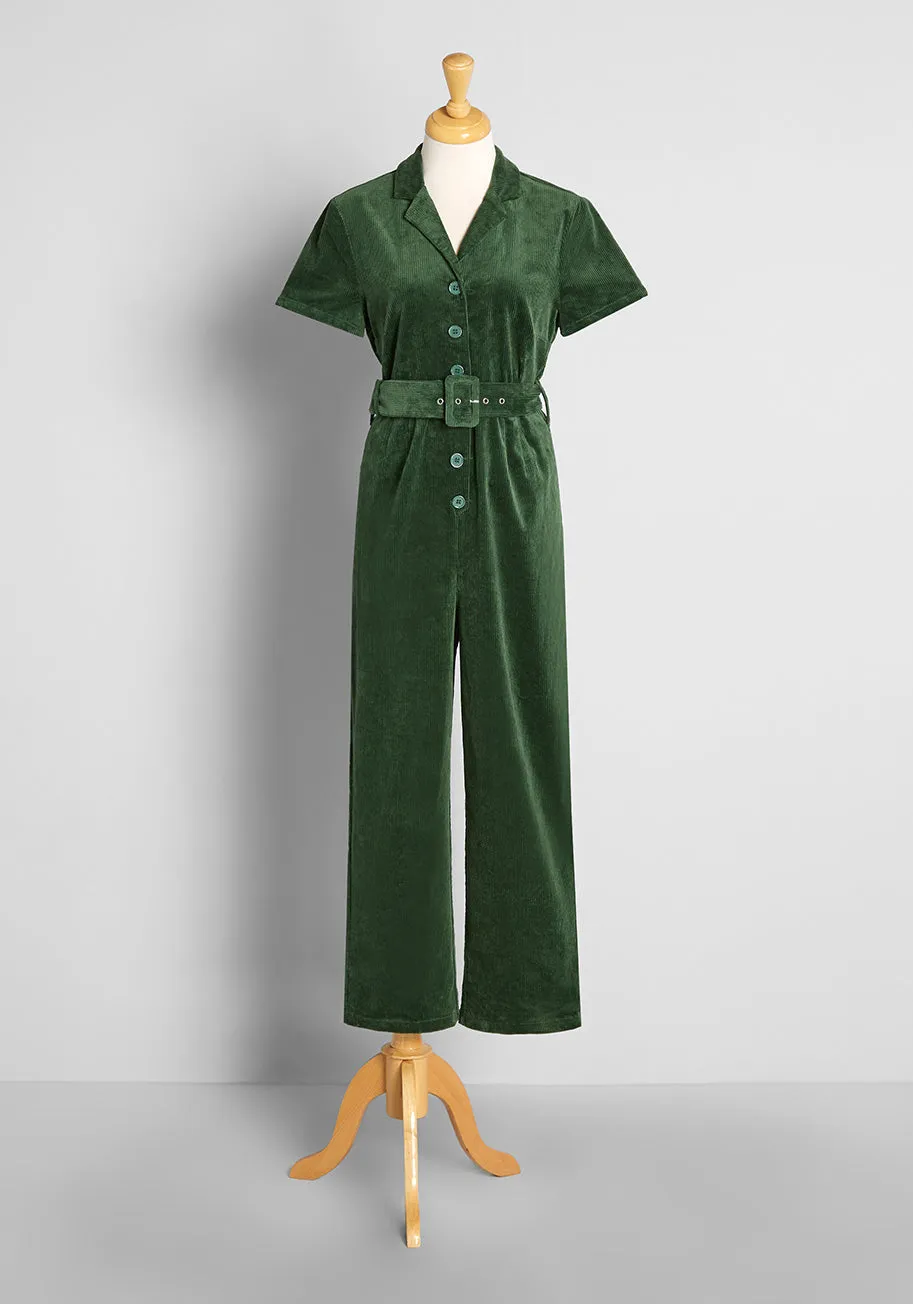 Groovin' in the Green Cord Jumpsuit sold by Modcloth