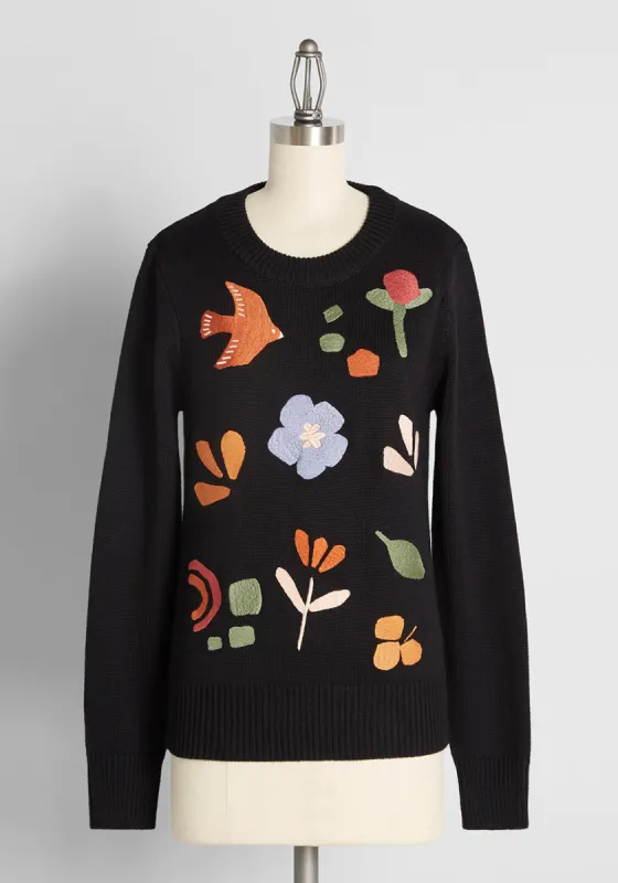 Pieced and Patched Embroidered Sweater sold by Modcloth