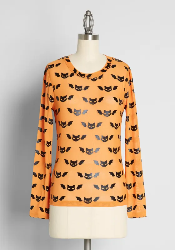ModCloth x Dangerfield A Purr-Fect Swarm Long Sleeve Mesh Top sold by Modcloth