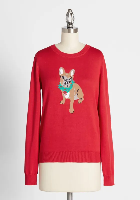 Festive Frenchie Graphic Pullover Sweater sold by Modcloth