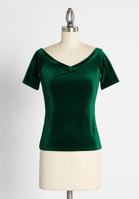 Evergreen Enticement Off-Shoulder Top made by Modcloth