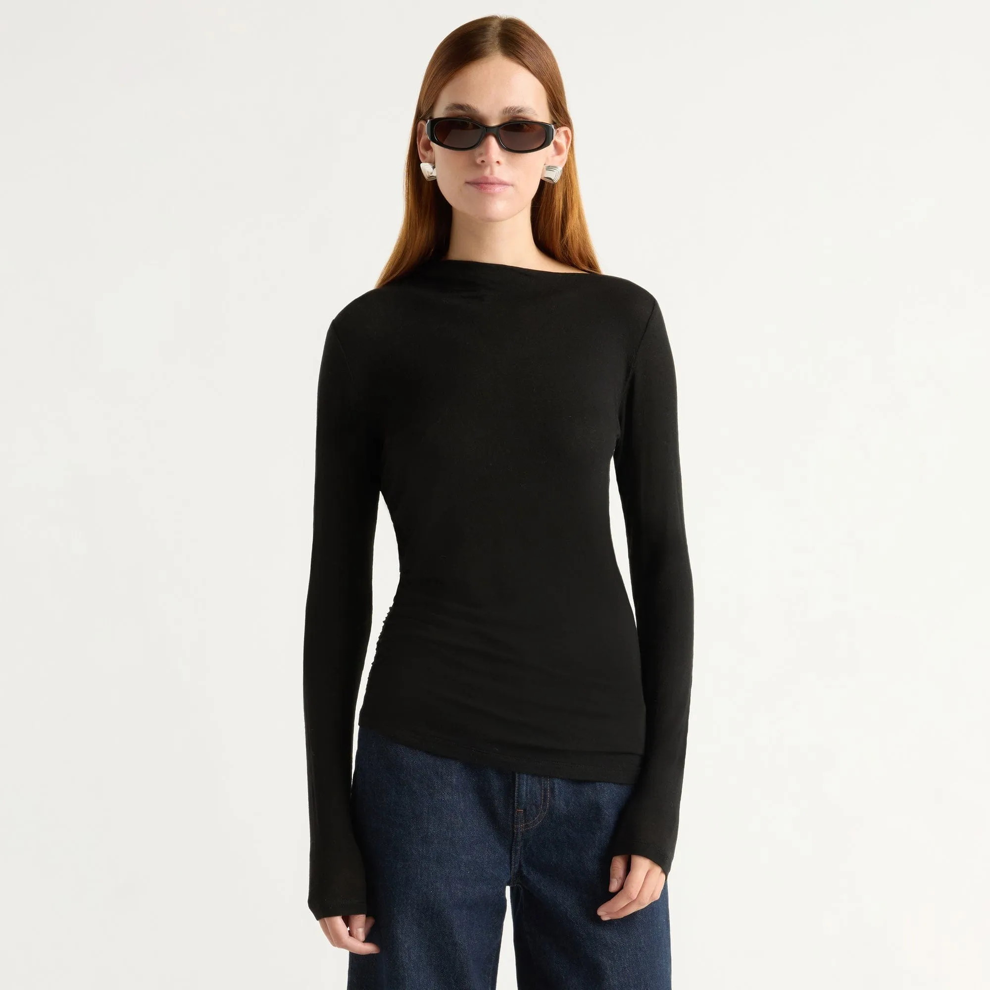 Vittoria Asymmetric-Neck Semi-Sheer Ruched Tee sold by Modern Citizen