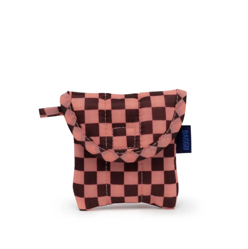 Baggu Puffy Recycled Nylon Earbuds Case - Pink Brown Check sold by Moma