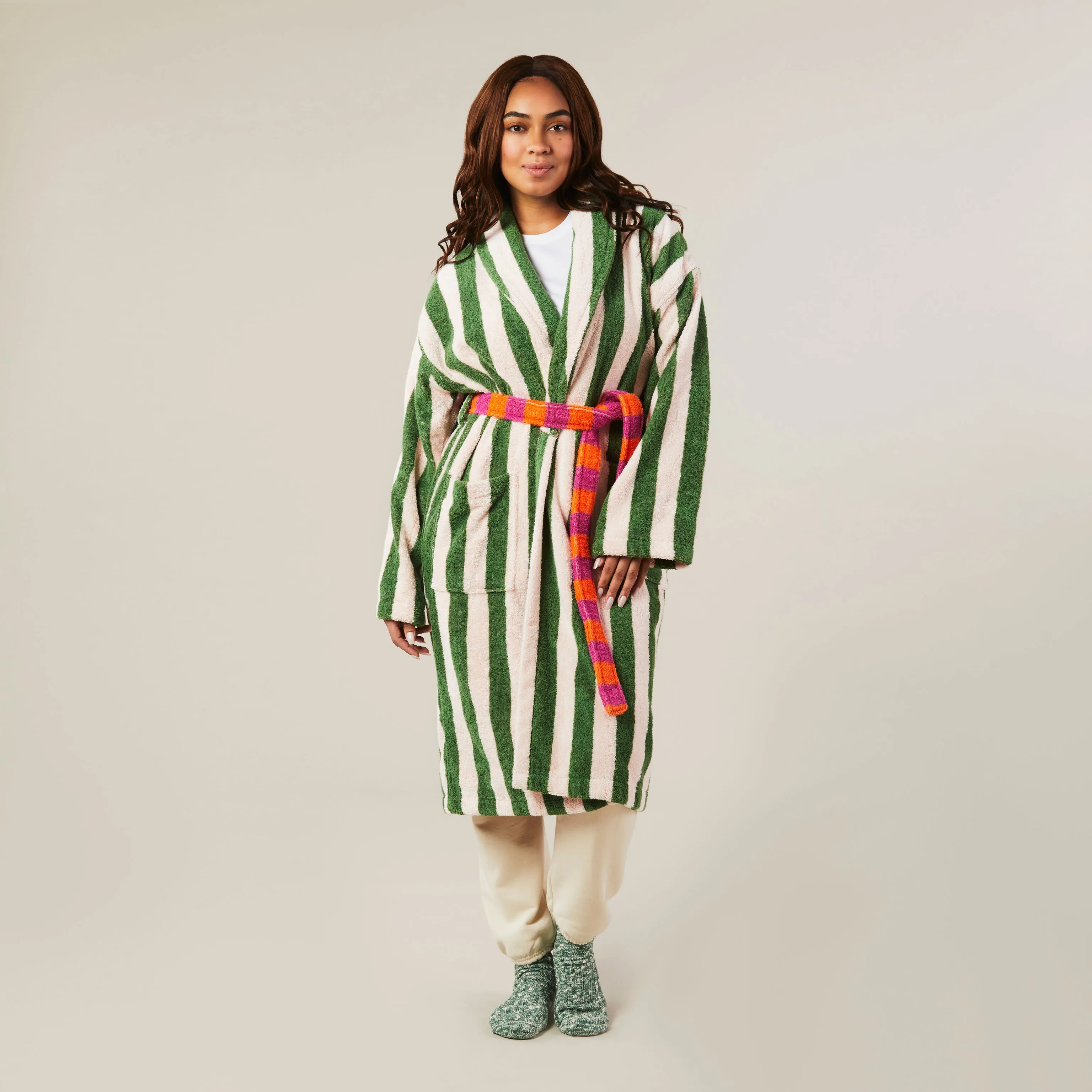 Dusen Dusen Striped Bathrobe - Green/ Lavender sold by Moma product image thumbnail 2