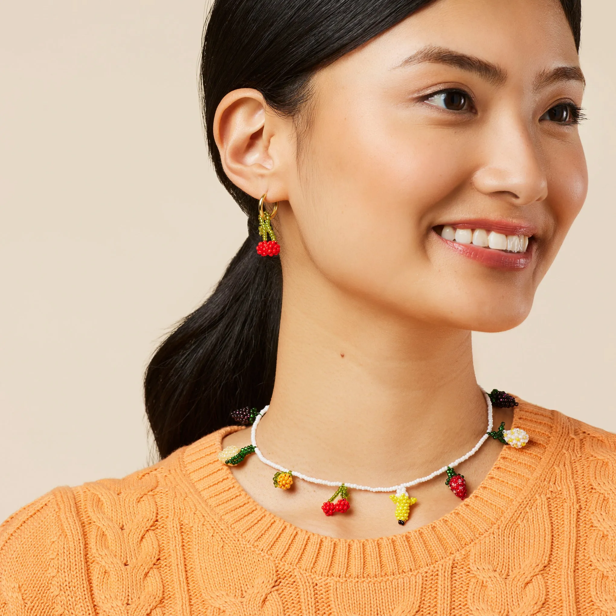 Beaded Mini Fruit Hoop Earrings - Gold Cherry sold by Moma product image thumbnail 3