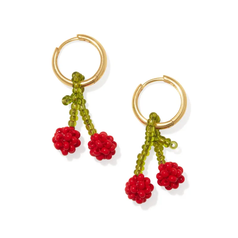Beaded Mini Fruit Hoop Earrings - Gold Cherry sold by Moma
