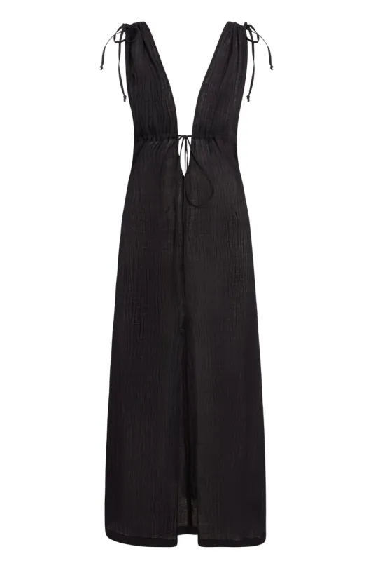 Mallorca Dress - Black Crinkle Linen sold by Monday Swimwear