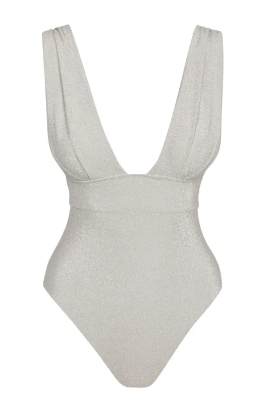 Aruba One Piece - Soft Silver Shimmer sold by Monday Swimwear