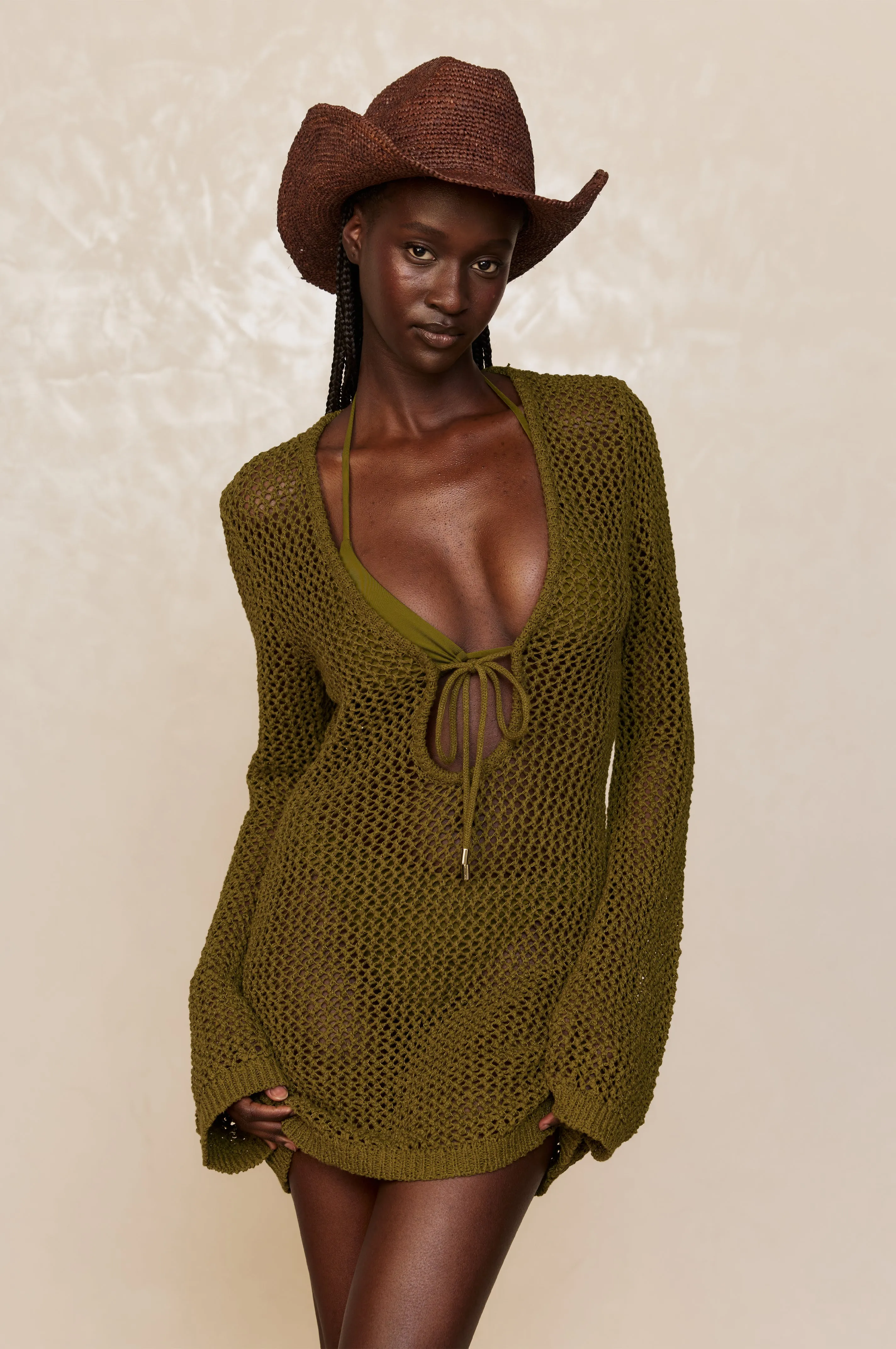 Montego Mini Tie Dress - Olive Petit Crochet sold by Monday Swimwear product image thumbnail 5