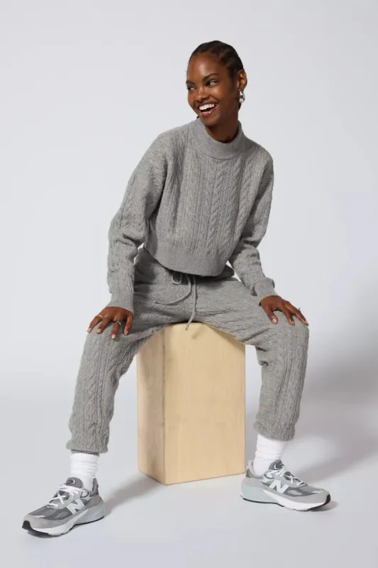 Cable Knit Cropped Sweater - Htr Steel Grey sold by MPG