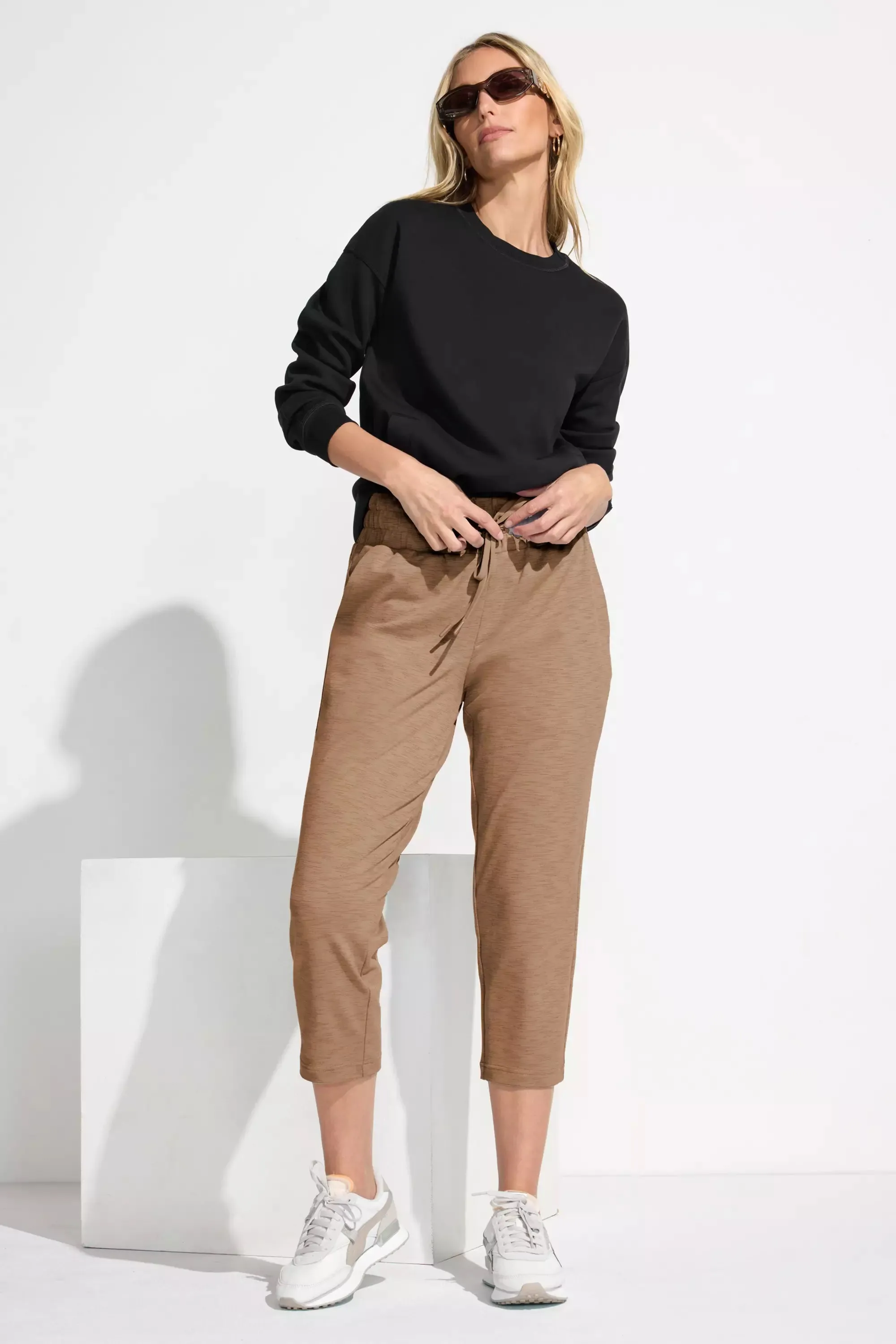 The Soft Stretch GRS Certified Recycled Poly Space Dye Capri Jogger - Brown Combo sold by Mondetta