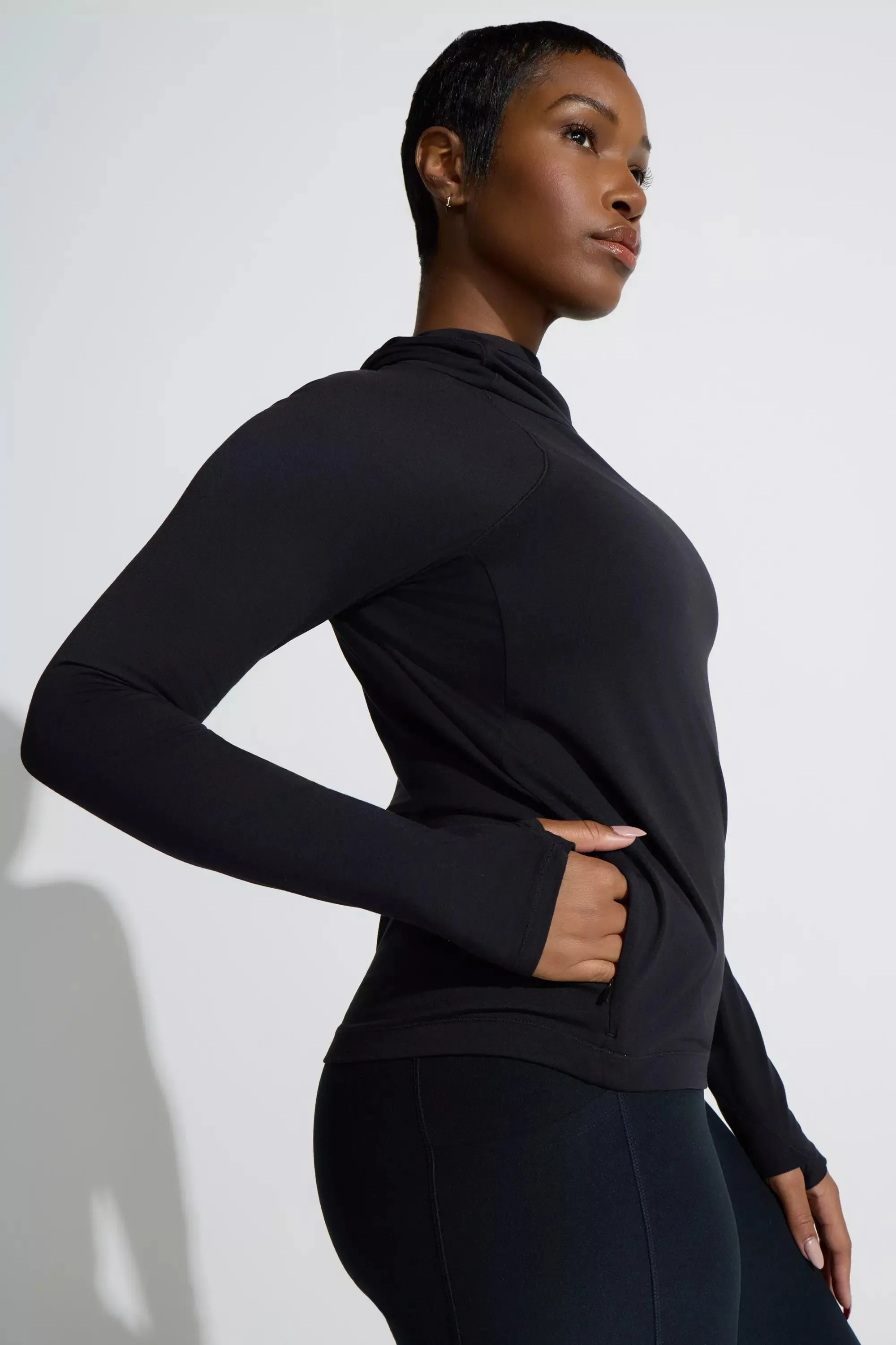 The Soft Stretch GRS Certified Recycled Poly Hooded Top - Black sold by Mondetta product image thumbnail 3