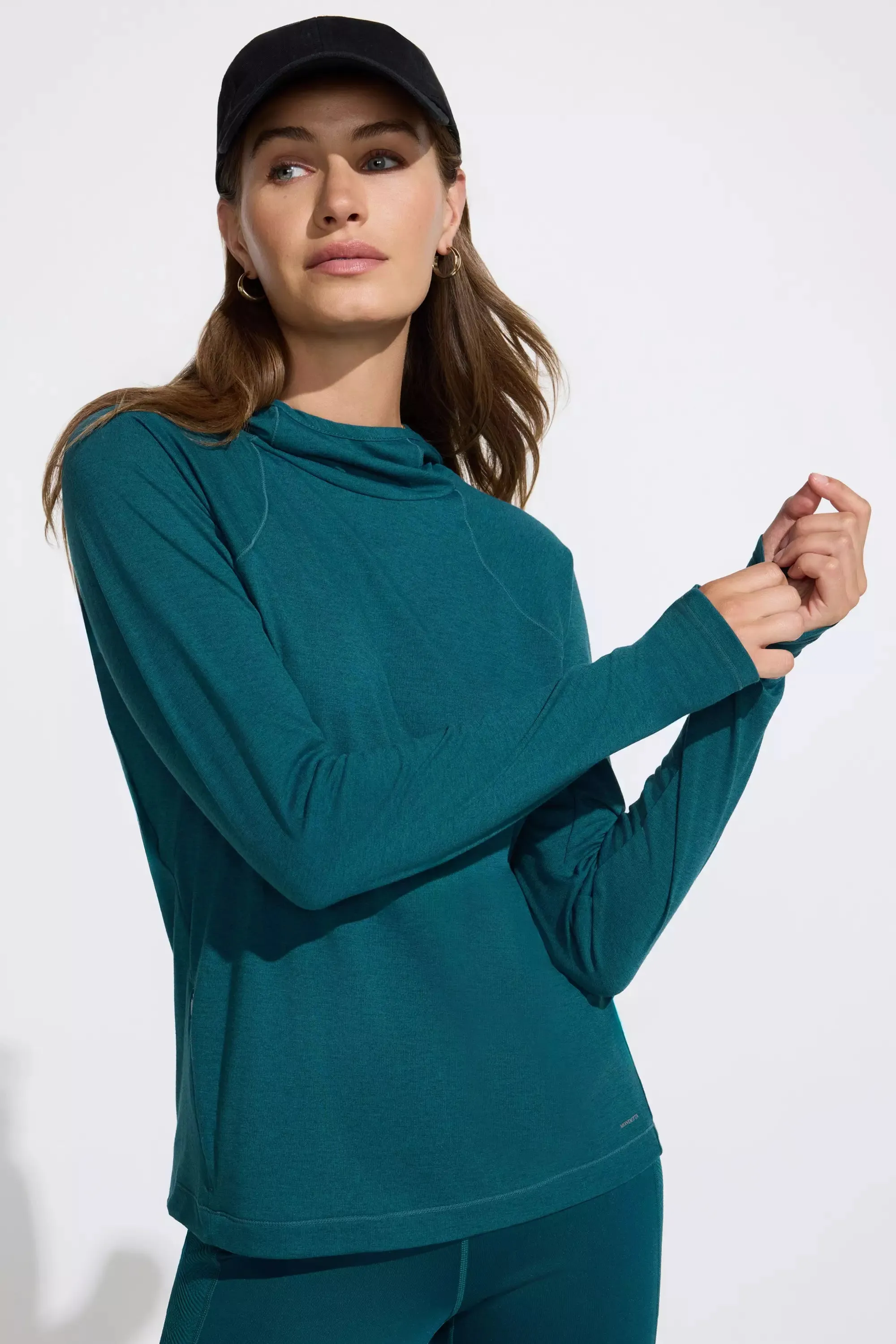 The Soft Stretch GRS Certified Recycled Poly Hooded Top - Green Teal sold by Mondetta