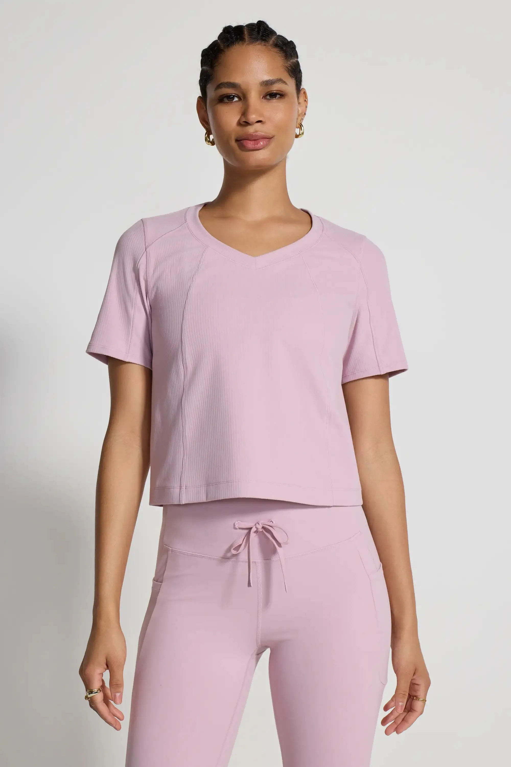 The Soft Ribbed GRS Certified Recycled Nylon Tee - Muted Pink sold by Mondetta