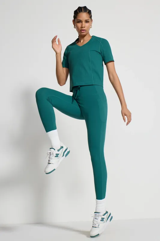 The Hike GRS Certified Recycled Nylon Mixed Media Legging - Deep Teal Green sold by Mondetta