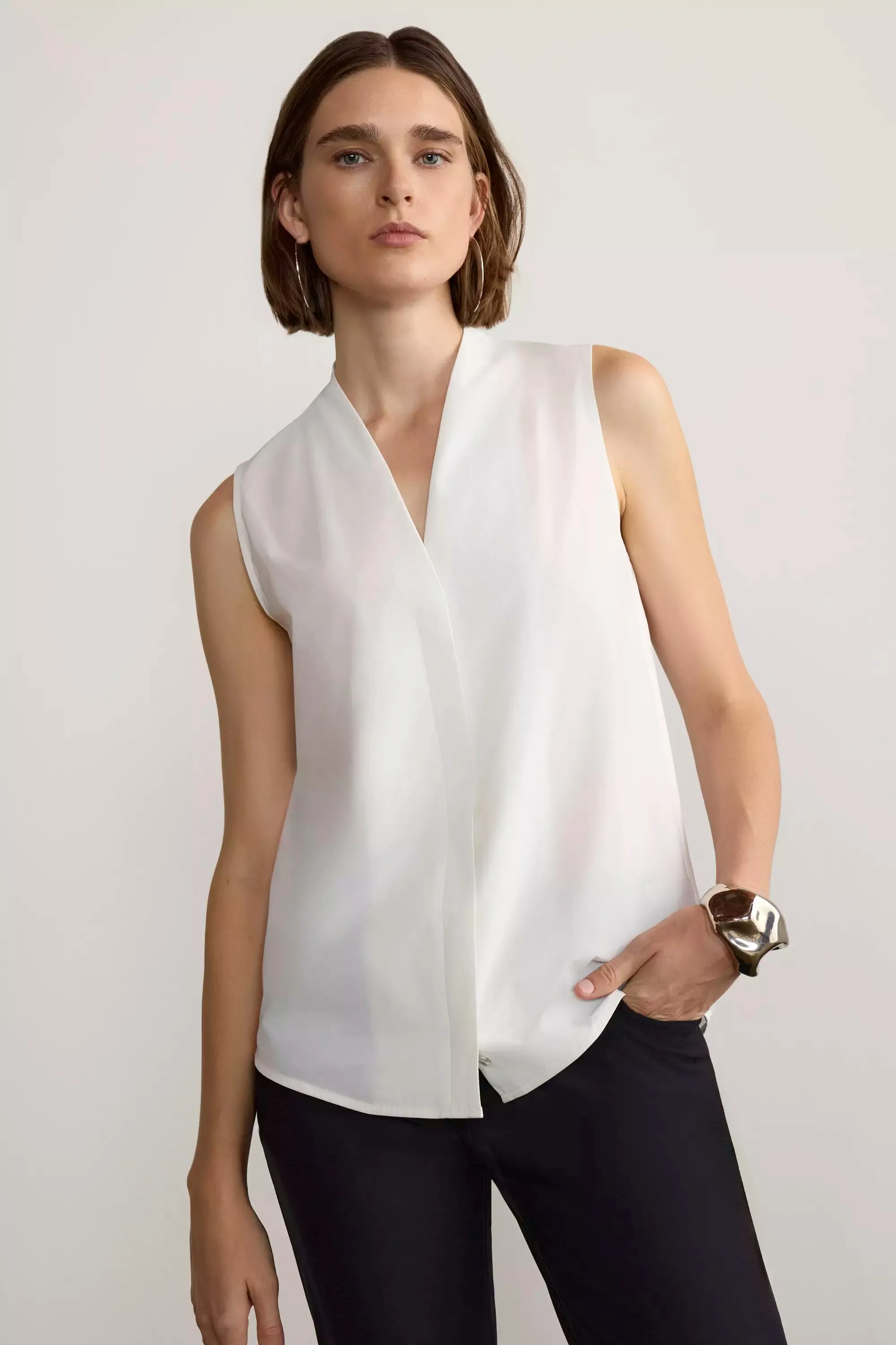 Resource Sleeveless V-Neck Blouse with Pleats - Bright White sold by Mondetta product image thumbnail 3