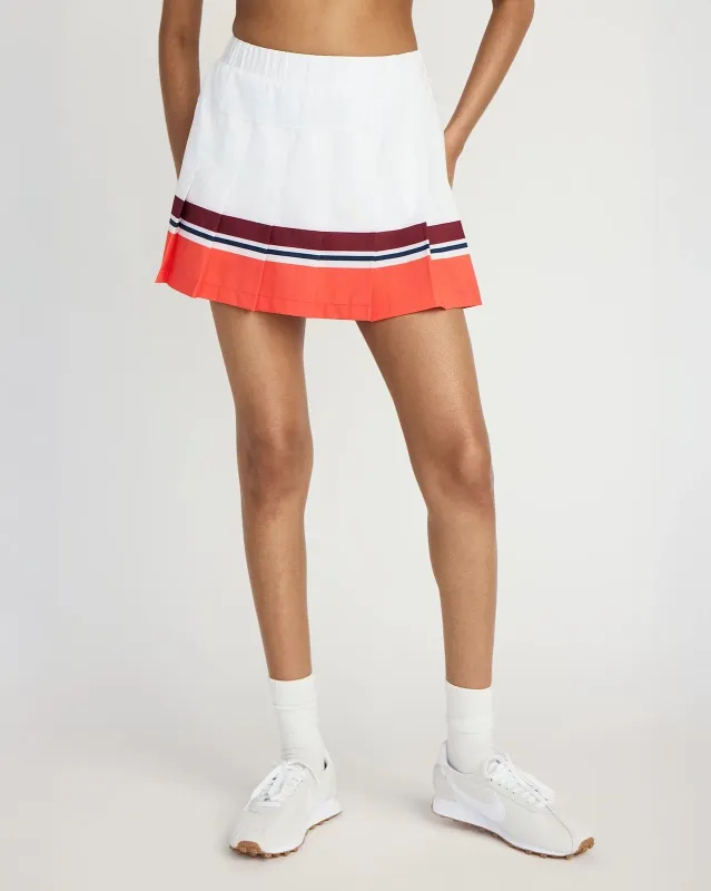 The Built-In Liner GRS Certified Recycled Poly Varsity Stripe Skort - Wht/Cab/Grenadine/Blk Iris sold by Mondetta