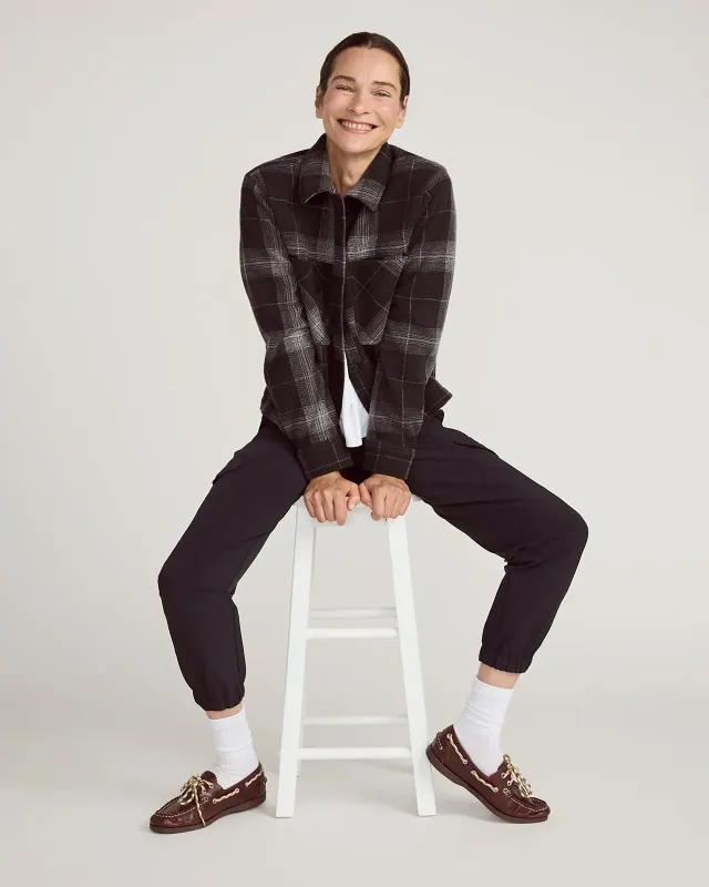 The On-the-Go GRS Certified Recycled Poly Cropped Jacket - Black Plaid sold by Mondetta