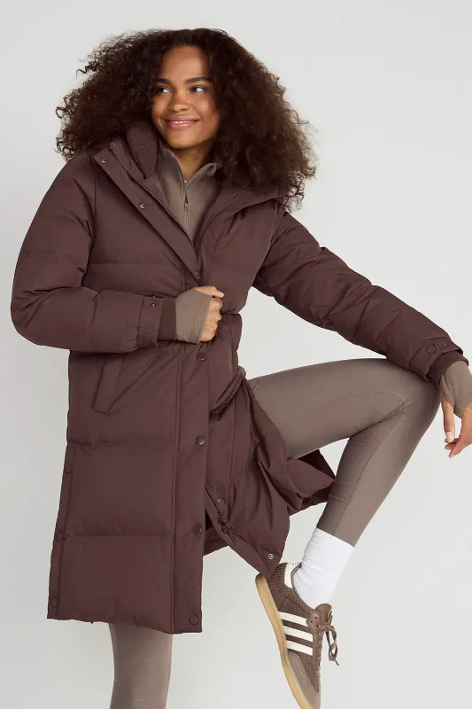 The RDS 700-Fill Power GRS Certified Recycled Poly Longline Puffer Parka - Brown sold by Mondetta