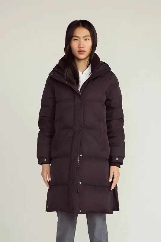 The RDS 700-Fill Power GRS Certified Recycled Poly Longline Puffer Parka - Black sold by Mondetta