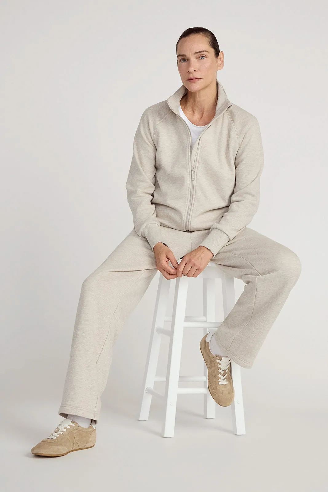 The Soft Warm GRS Certified Recycled Poly + Organic Cotton Fleece Pant - Nacreous Clouds Htr Cream sold by Mondetta