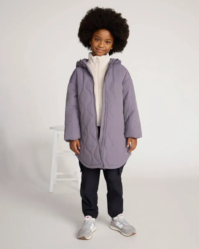 The Girls' Sorona™ Fill GRS Certified Recycled Poly Longline Quilted Jacket - Dusty Purple sold by Mondetta