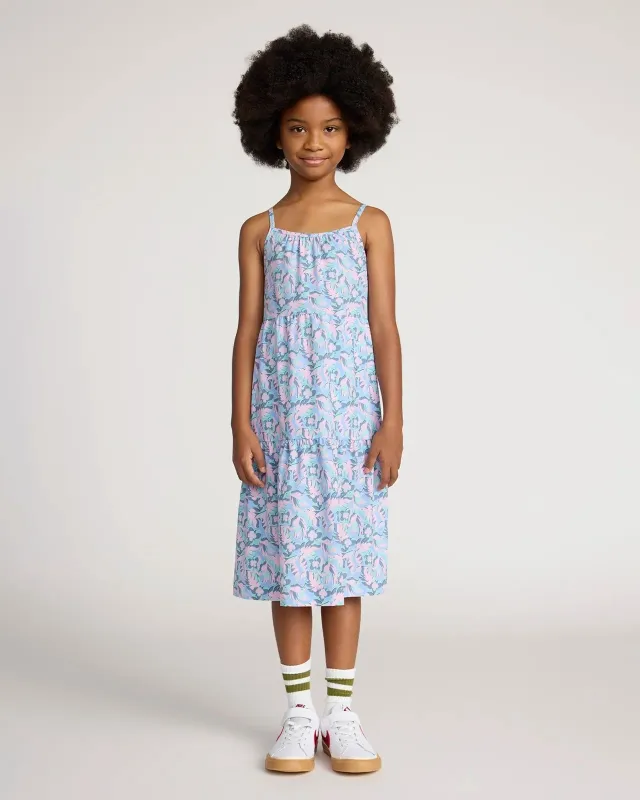 The Girls' Soft Luxe GRS Certified Recycled Poly 3-Tier Dress - Tropical Print Pink sold by Mondetta