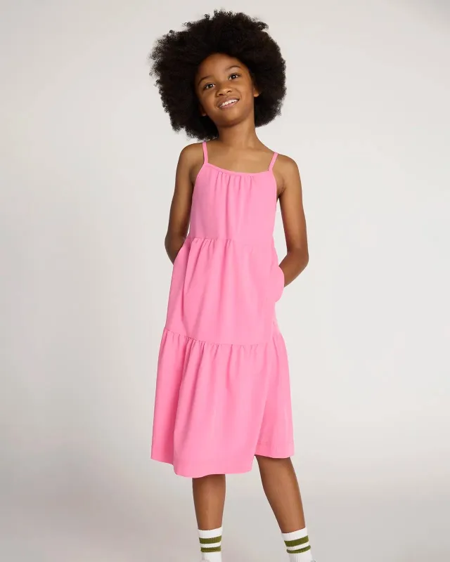 The Girls' Soft Luxe GRS Certified Recycled Poly 3-Tier Dress - Pink sold by Mondetta