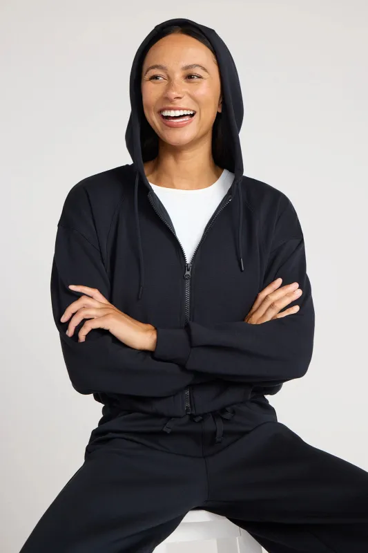 The Double Knit GRS Certified Recycled Poly + TENCEL™ Modal Cropped Hoodie - Black sold by Mondetta