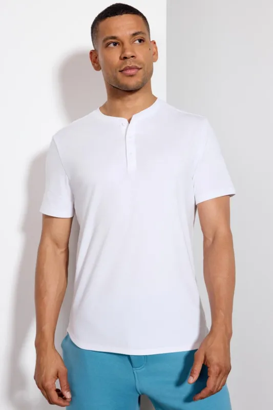 Pima Cotton Henley With Curved Hem - White sold by MPG