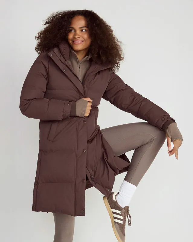 The RDS 700-Fill Power GRS Certified Recycled Poly Longline Puffer Parka - Chocolate Brown made by Mondetta