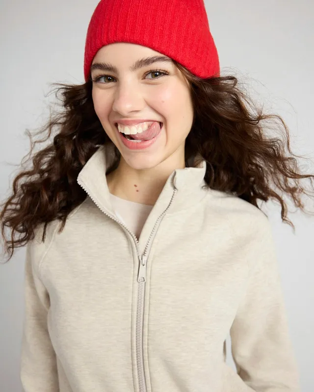 The Soft Luxe GRS Certified Recycled Poly + Organic Cotton Full Zip - Nacreous Clouds Htr Cream sold by Mondetta