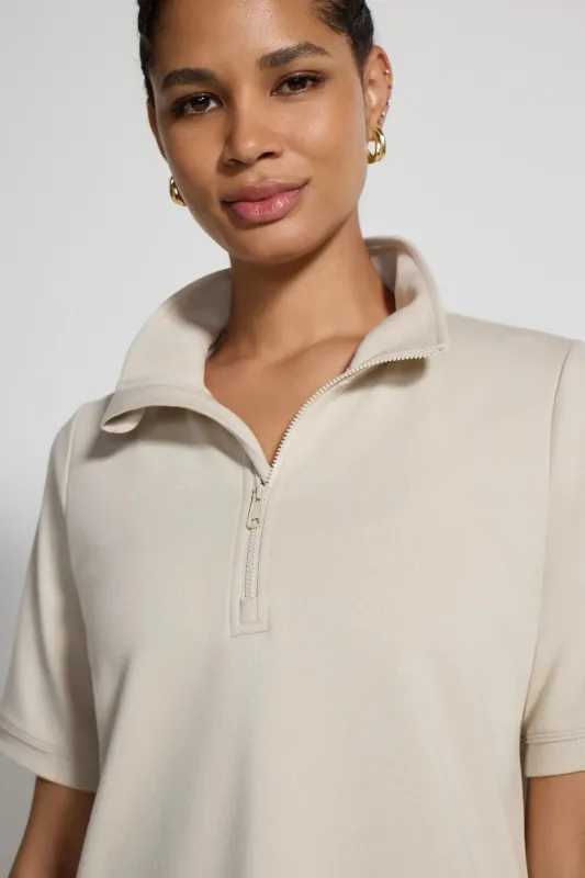 The Soft Terry GRS Certified Recycled Poly + Organic Cotton 1/4 Zip - Pumice Stone Beige sold by Mondetta