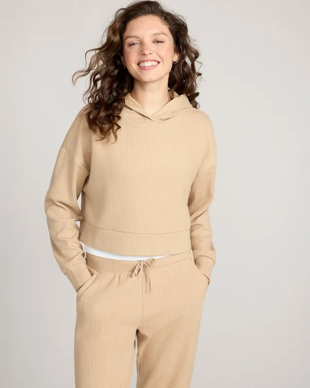 The Soft Luxe Ribbed GRS Certified Recycled Poly Cropped Hoodie - Nomad Beige sold by Mondetta